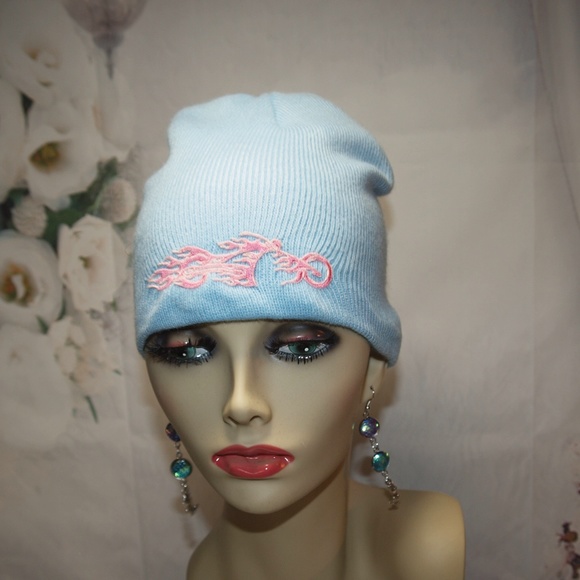 Pink Flaming Motorcycle Knit Hat Biker Girl hat NWOT Beanie - Picture 3 of 5